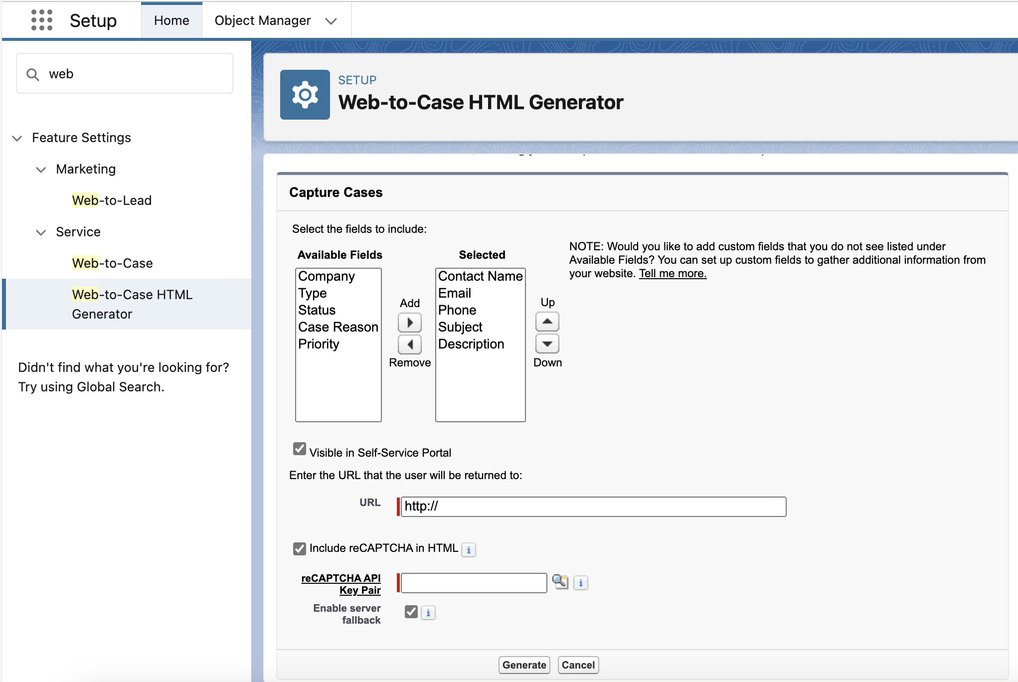 Web-to-case form generator page